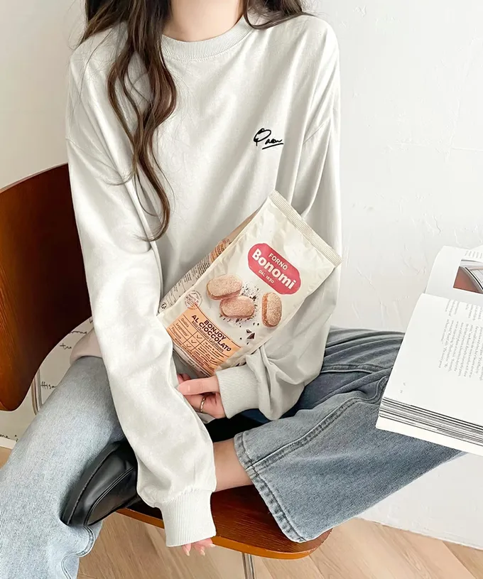 日本 Classical Elf - 胸口簡約刺繡純棉長袖上衣-灰粉