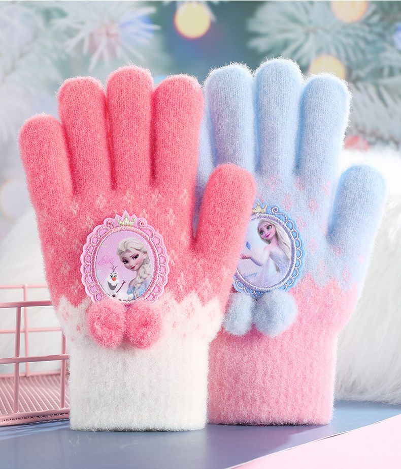兒童可觸控毛絨保暖針織手套-卡通人物艾莎+雪寶-粉+藍 (建議3歲以上)