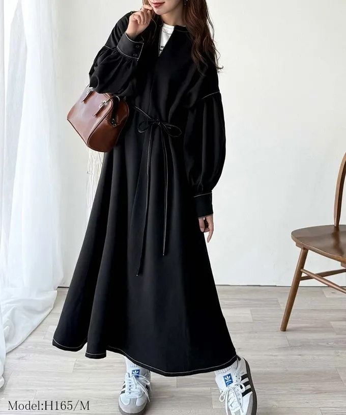 日本 Classical Elf - 鑰匙領氣質澎澎腰綁帶長袖洋裝-咖啡