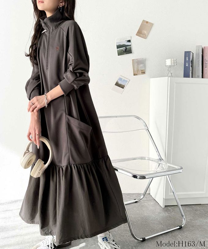 日本 Classical Elf - 異素材荷葉拼接半拉鍊寬版長袖洋裝-炭灰