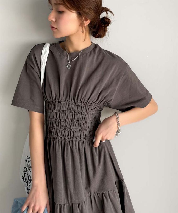 日本 Classical Elf - 100%棉 圓領美型縮腰分層短袖洋裝-淺米棕