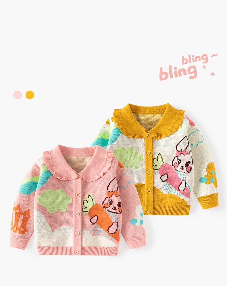 純棉花邊領針織排釦外套-蘿蔔兔兔-粉色