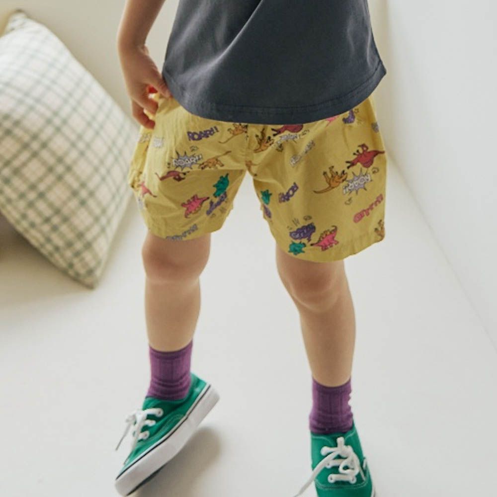鬆緊腰彩色恐龍印短褲-芥末黃