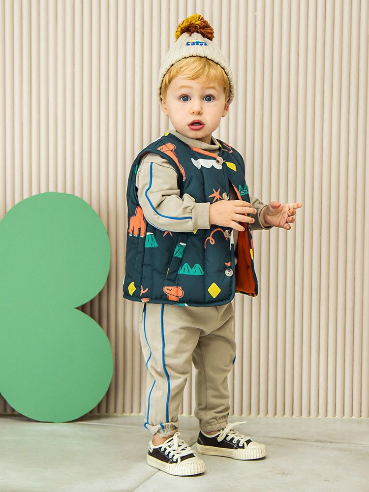 韓國Pimpollo - 手繪風自信恐龍保暖背心-灰