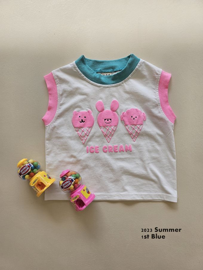 韓國 First Blue - 動物甜筒印無袖上衣-白X桃粉X藍綠