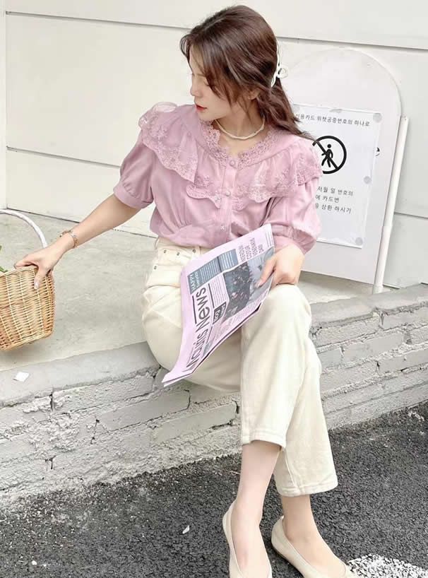 日本 GRL - 浪漫花蕾絲泡泡短袖排釦襯衫-白