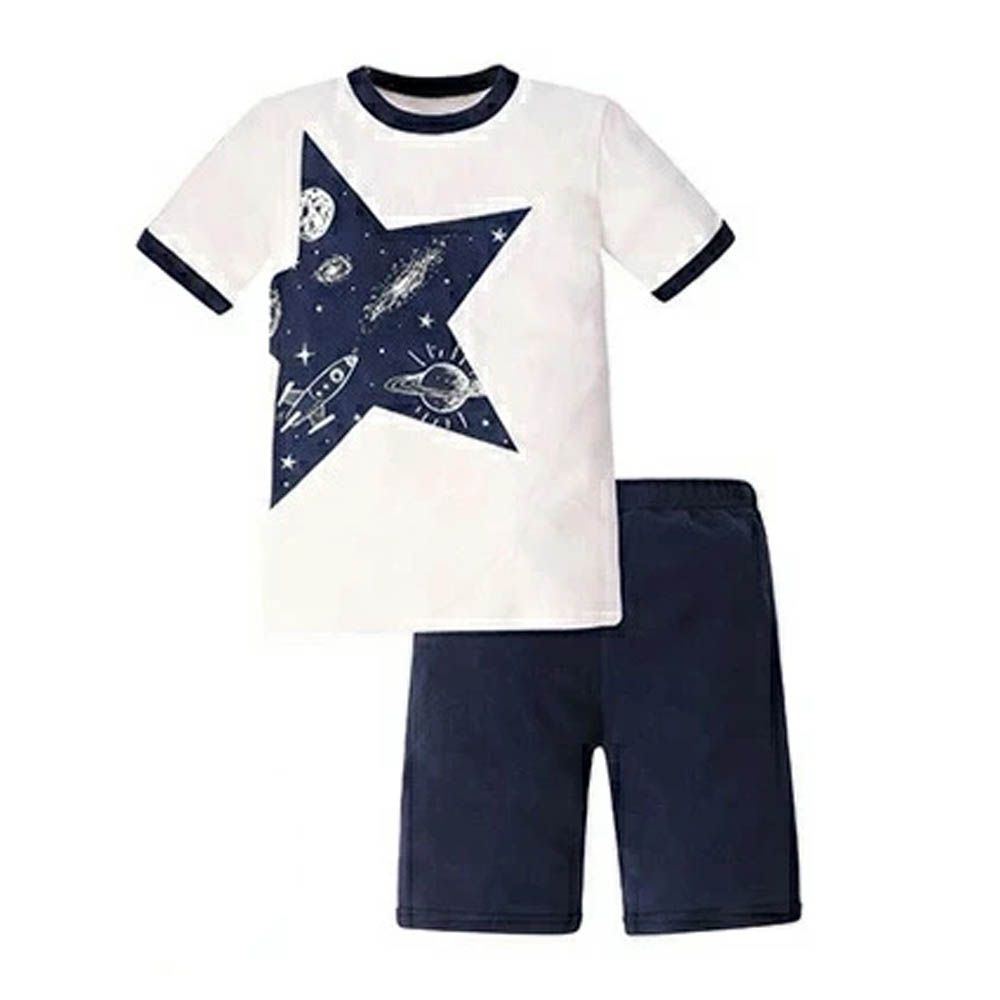 100%棉 舒適短袖睡衣/家居服-星星-白x深藍