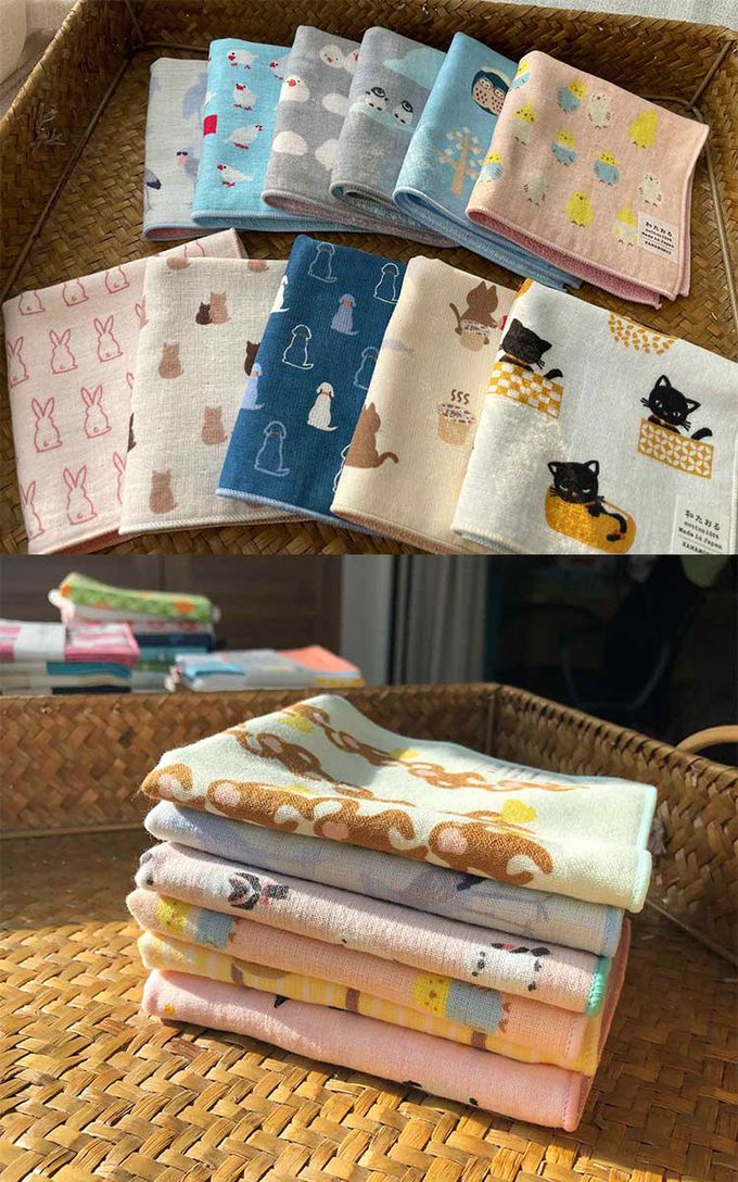 日本濱文樣 hamamo - 日本製雙重棉紗絨圈方形手帕/方巾2入組-貓咪款