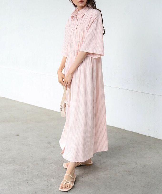 日本 Bab - 時尚抓皺襯衫式五分袖洋裝-條紋-粉紅