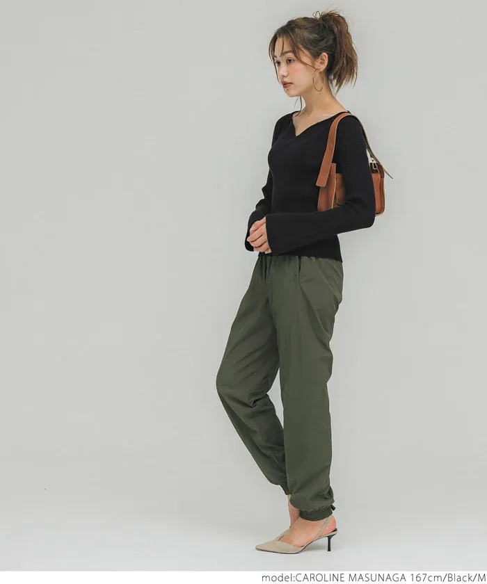 日本 COCA - 不規則領羅紋彈性上衣-黑