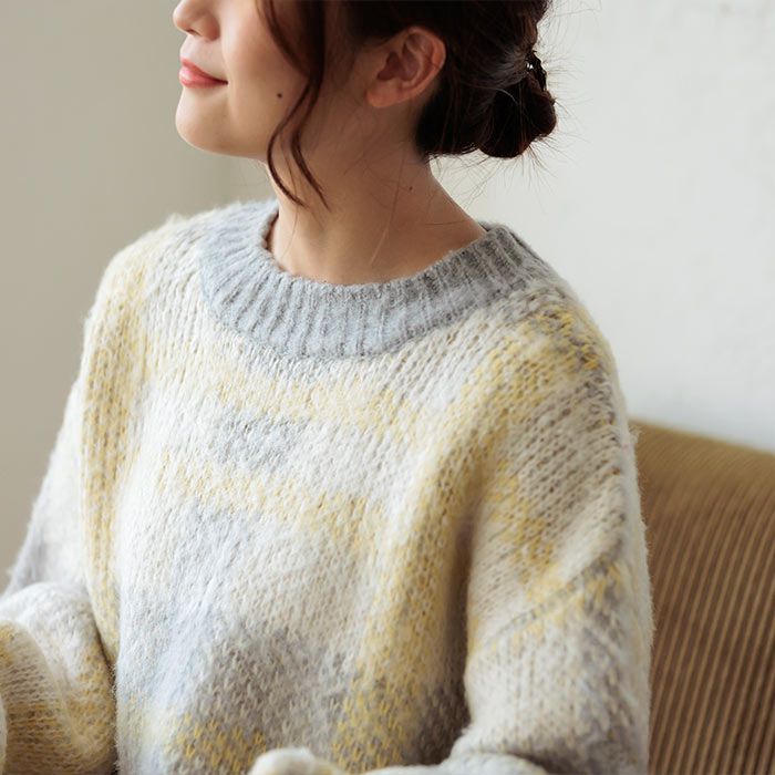 日本 ihuu - 大格紋俏皮針織毛衣-淺黃灰