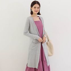 Yukié - 莫代爾雙口袋長版防曬外套/罩衫-淺灰 (F)