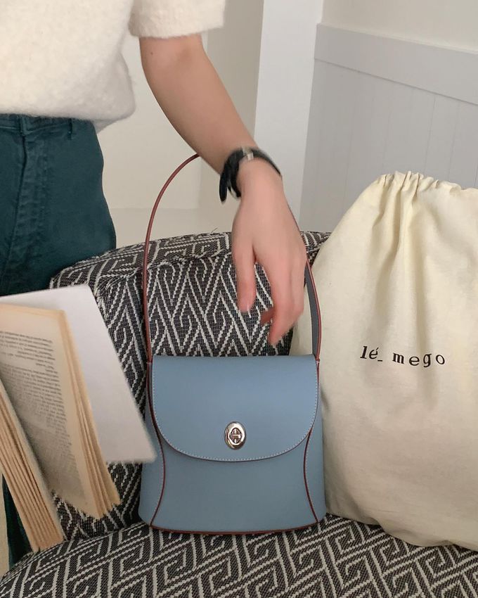 韓國lemego - 牛皮復古金釦肩背包(Mone)-藍色