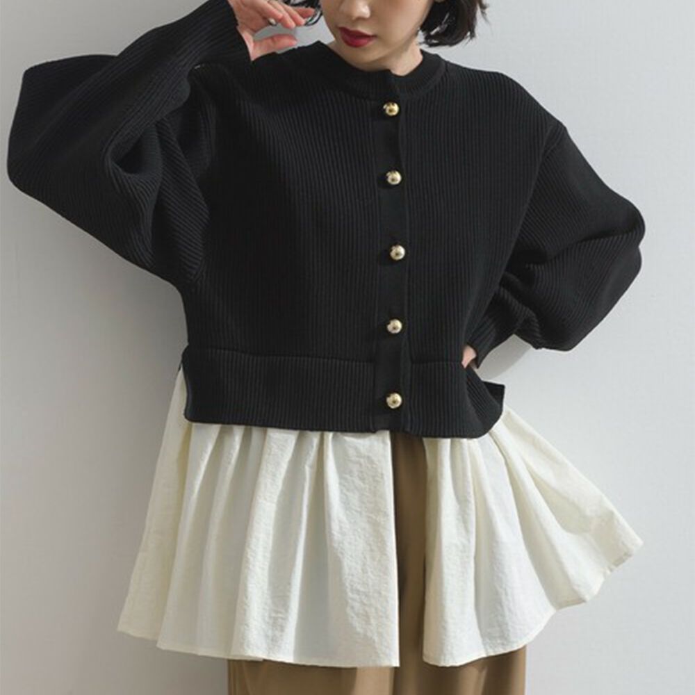 羅紋針織美型金扣層次長袖上衣-黑