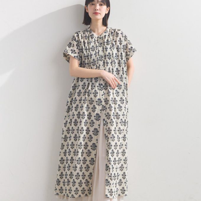 日本 OMNES - 100%印度棉 襯衫式印花短袖洋裝-紫版滿花