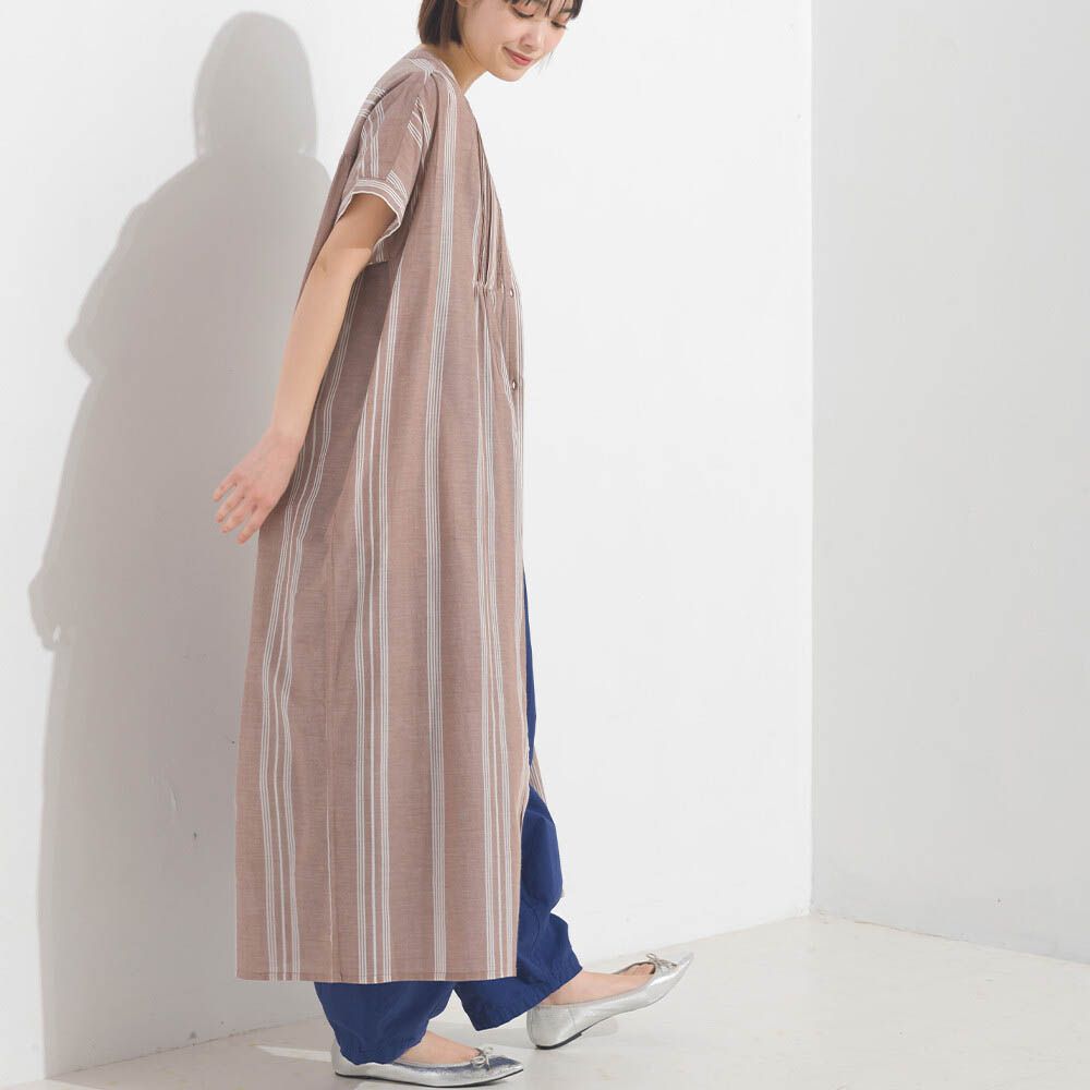 100%印度棉 襯衫式印花短袖洋裝-淺棕條紋