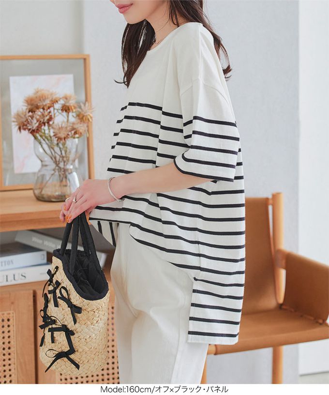 日本 Kobe Lettuce - 100%棉船領優雅條紋短袖上衣-棕x白線條