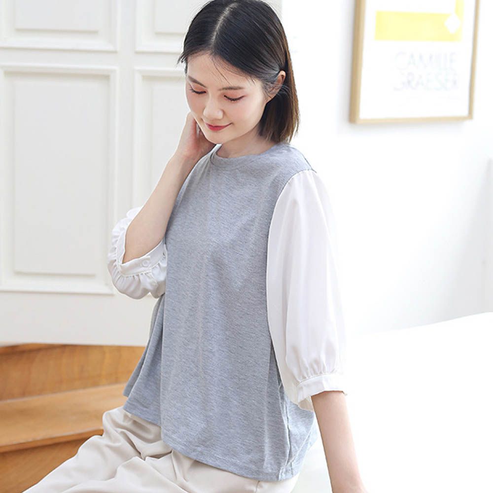 圓領燈籠拼袖上衣-灰x白