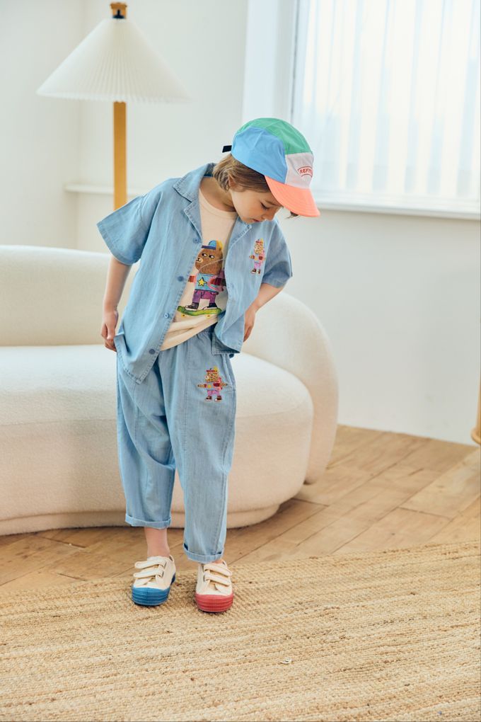 韓國 Mimico - 帥氣小熊印牛仔襯衫-淺藍