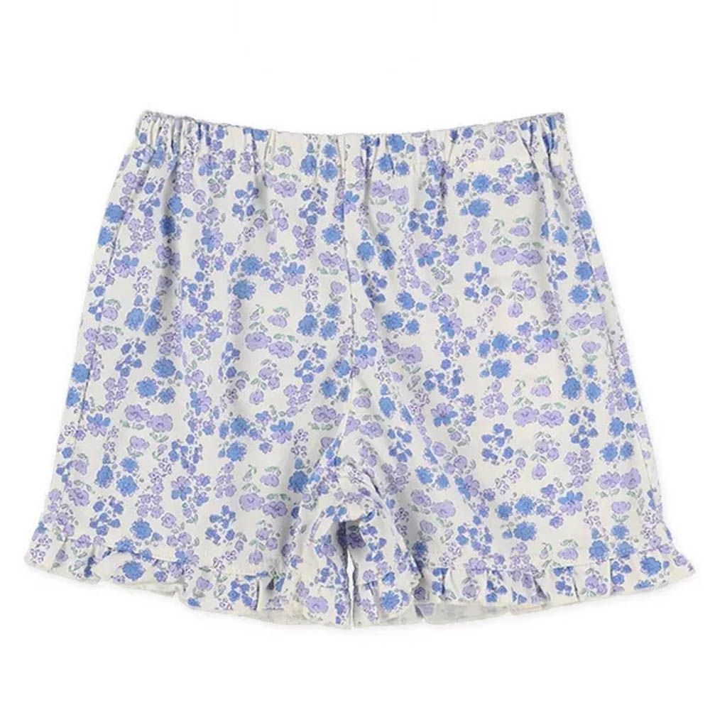 可愛荷葉邊碎花短褲-藍紫