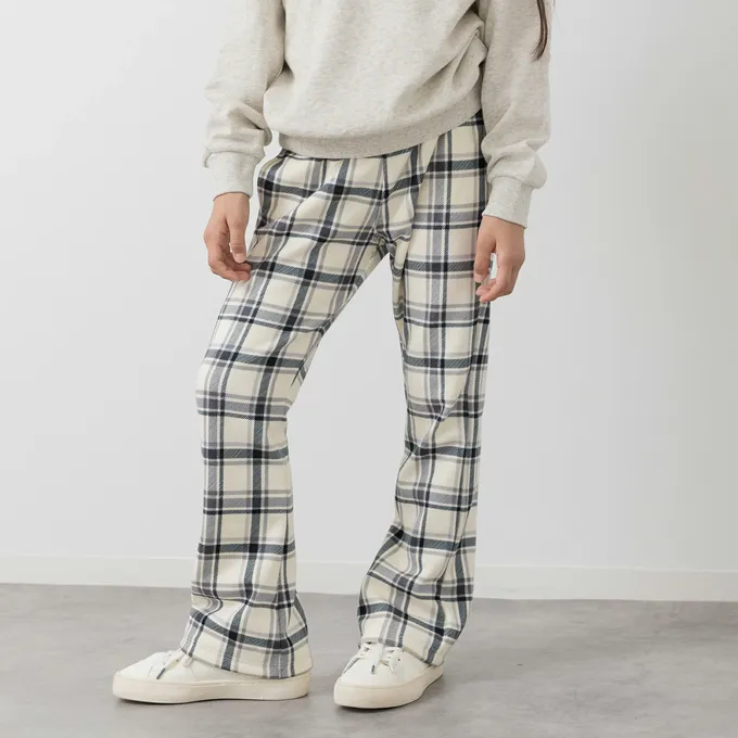 日本 Chil2 - 保暖內刷毛微喇叭彈力長褲-小格子-卡其