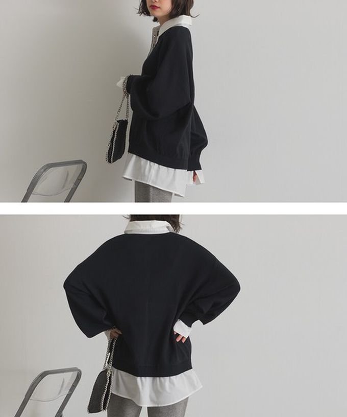 日本 ELENCARE DUE - 假二件襯衫領輕盈落肩長袖上衣-海軍藍x綠條紋