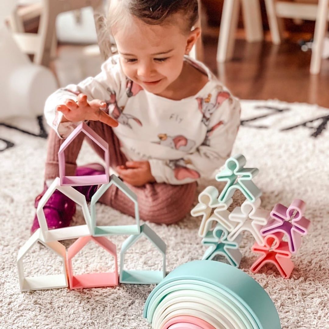 西班牙 dëna - 多功能益智軟積木/疊疊樂 小人物+小房子-夢幻藍