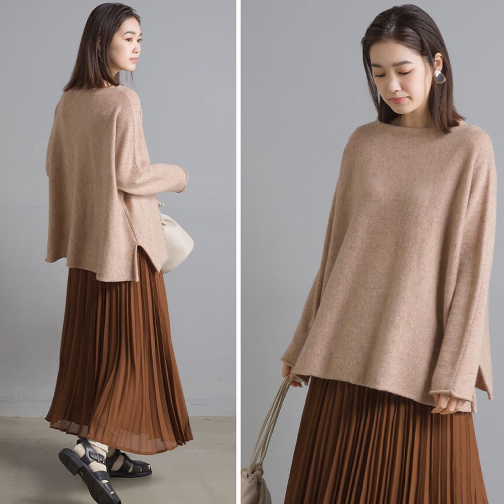 日本 OMNES - 50%羊毛混紡 百搭質感寬領針織上衣-杏 (F)