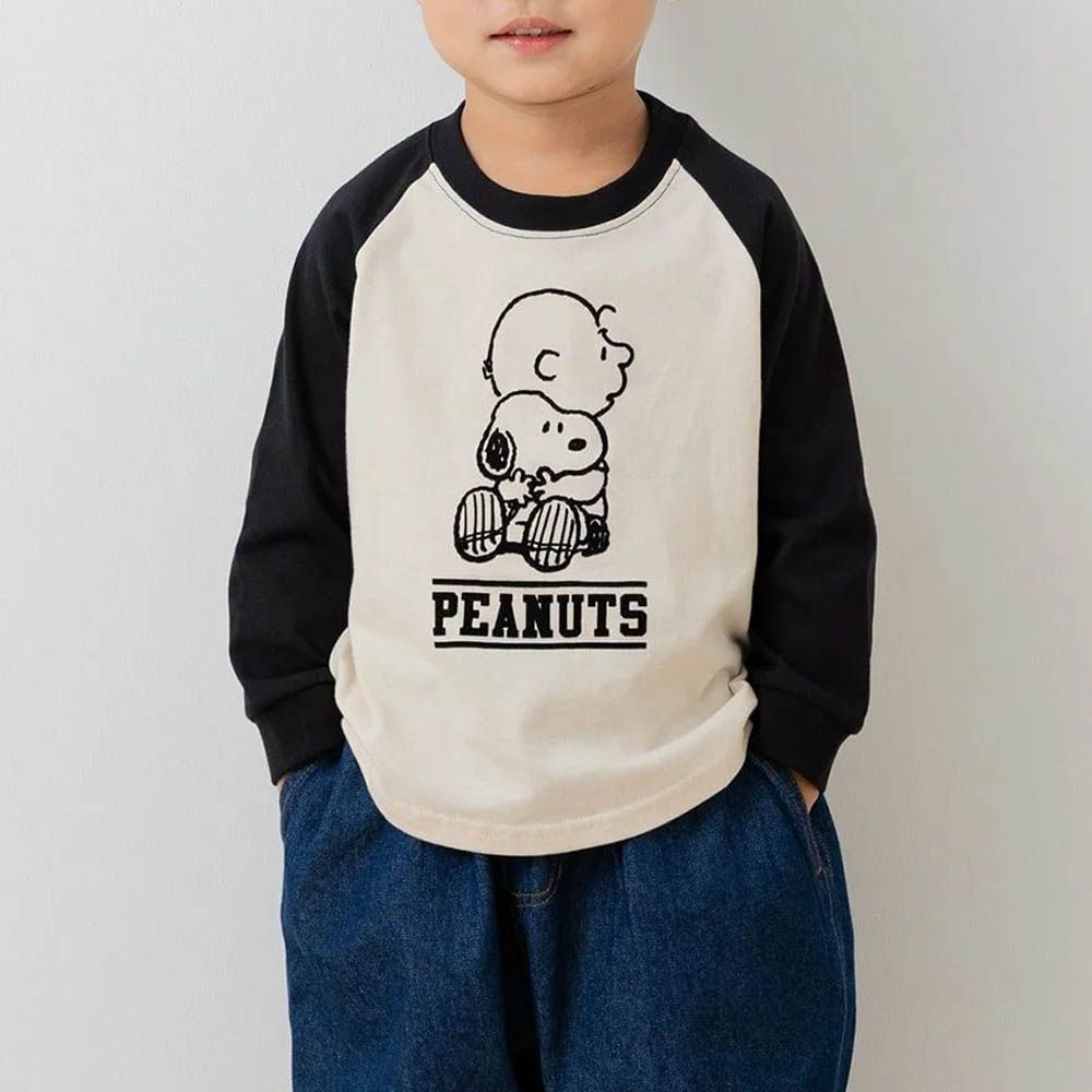 限定聯名 縮口印花長袖上衣-卡通人物SNOOPY-抱抱-白杏X黑