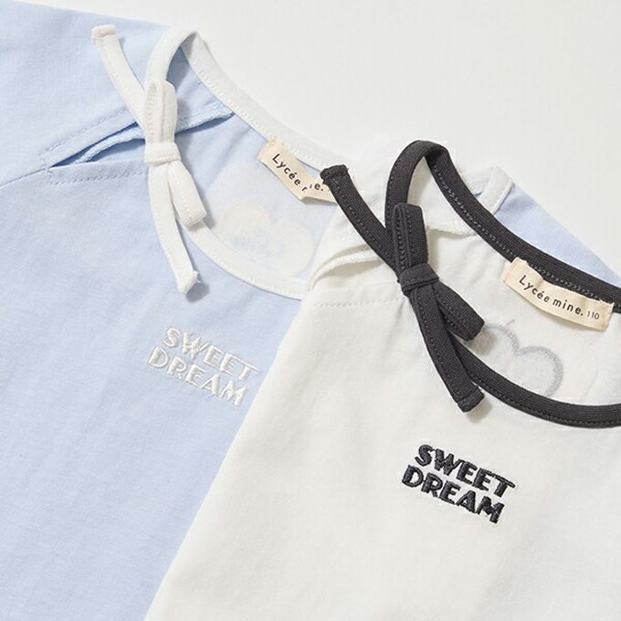 日本 Lycee mine - 柔軟緞帶領刺繡短袖上衣-灰黑