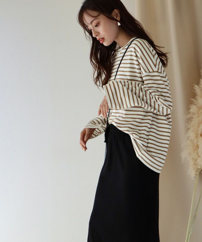 日本 BLUE EAST - 百搭落肩休閒長袖上衣-條紋-軍綠