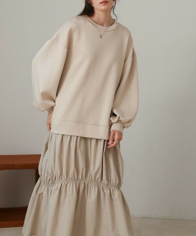 日本 Bab - 柔美造型皺摺拼接長袖洋裝-淺杏