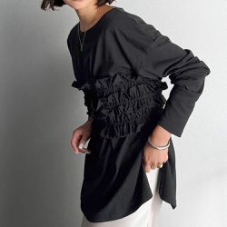 日本 Classical Elf - 時尚造型圓領長袖上衣(附荷葉腰帶)-黑