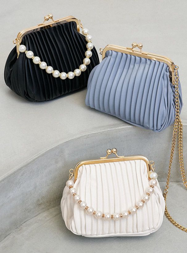 日本 GRL - 珍珠提鍊貝殼紋口金手提包/側背包-白