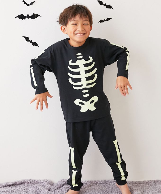 日本 devirock - 萬聖節 夜光純棉造型套裝／家居服-骷髏頭-黑