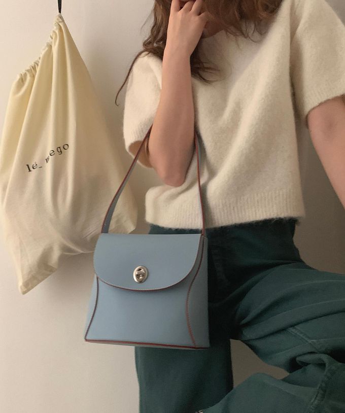 韓國lemego - 牛皮復古金釦肩背包(Mone)-藍色