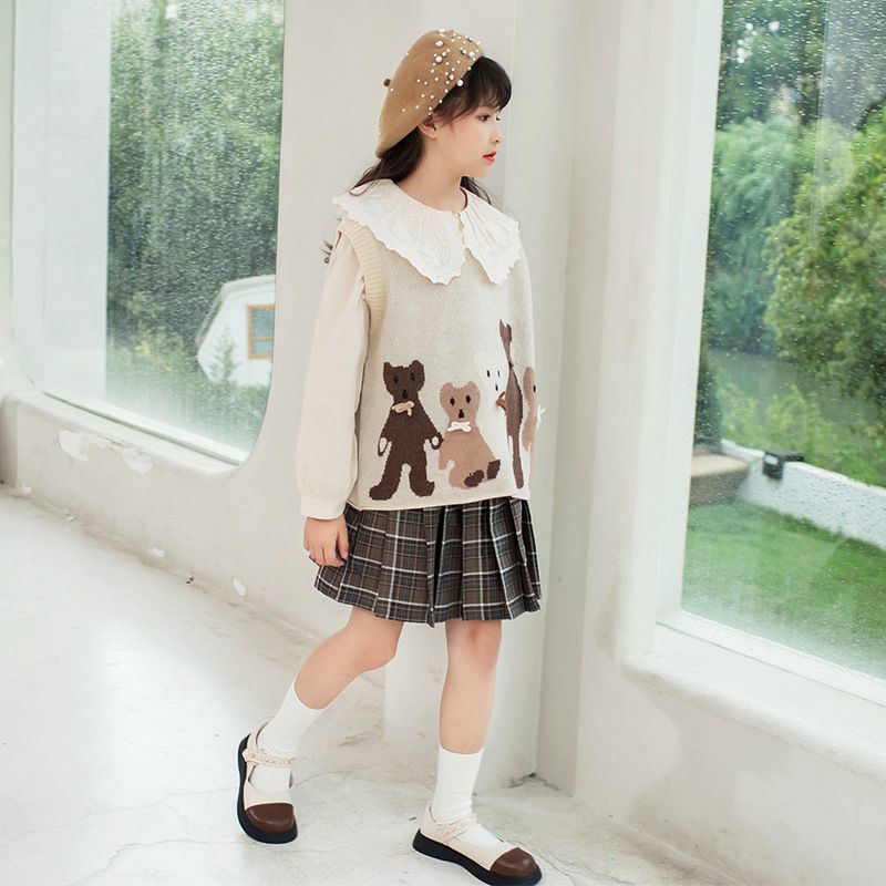 兩件式木耳大翻領長袖襯衫-襯衫+針織背心-米色