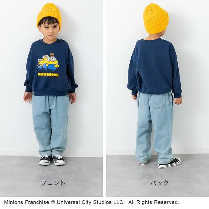 日本 Chil2 - 限量聯名 裏毛印花大學長袖上衣-卡通人物小小兵-立體刺繡-米杏