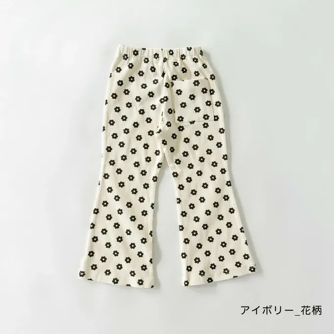 日本 BRANSHES - 彈性羅紋百搭薄款喇叭褲-浪漫小花-淺灰