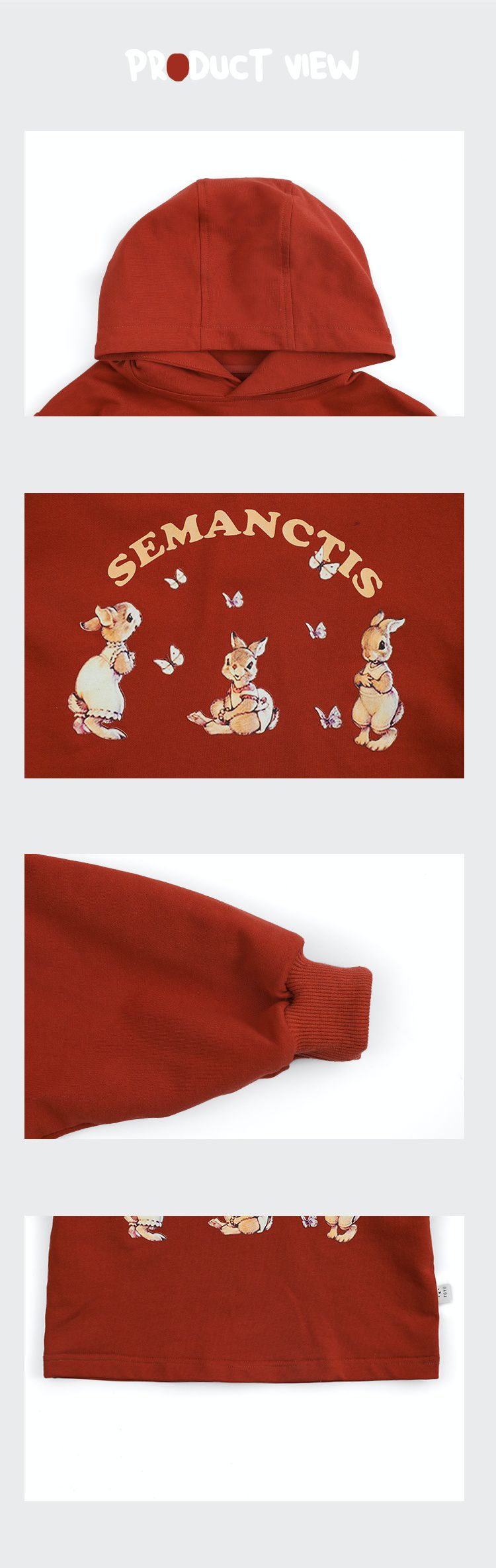 連帽寬鬆長袖帽T-可愛兔兔-紅色