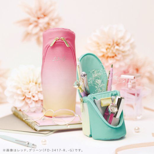 日本文具 SONIC - 可站立下翻式筆袋/化妝包(附磁鐵)-漸層限定款-桃黃