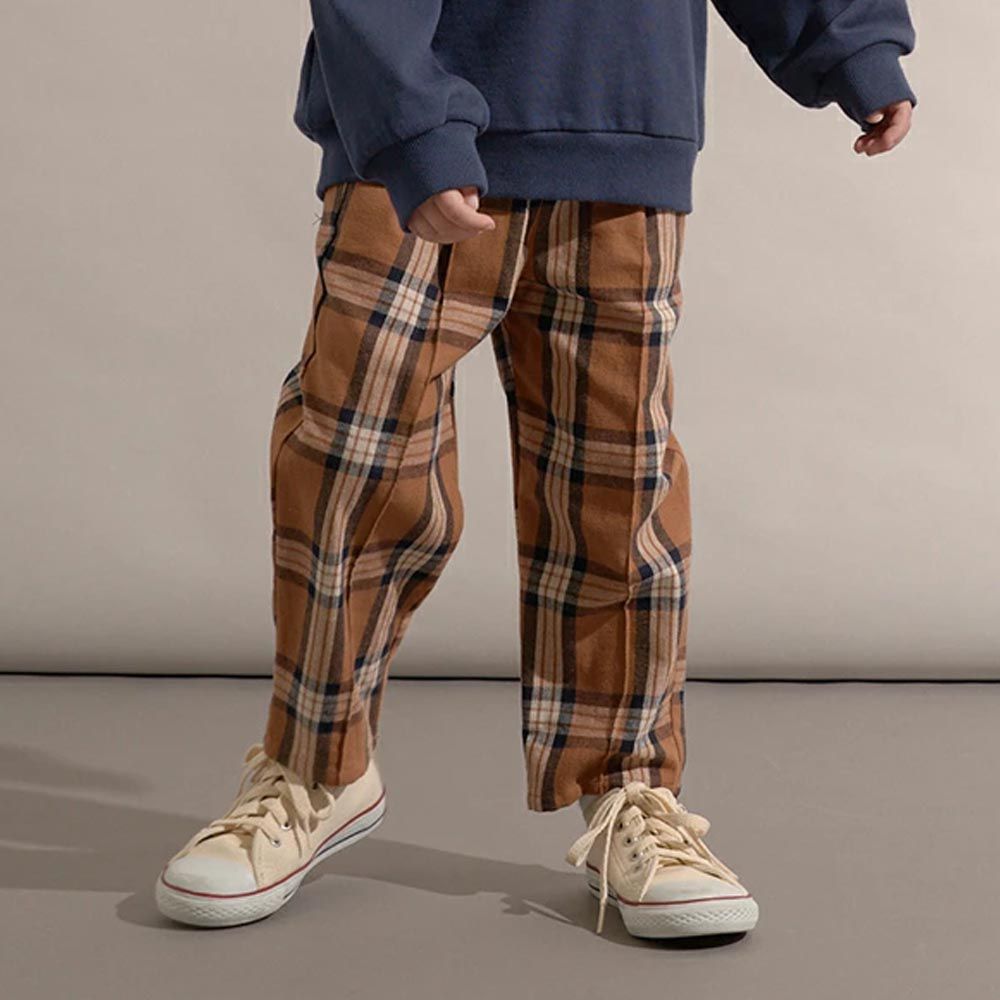 日本 b-ROOM - 英倫格紋寬版休閒長褲-焦糖系