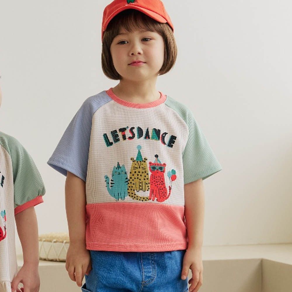 派對豹喵撞色短袖上衣-米X粉