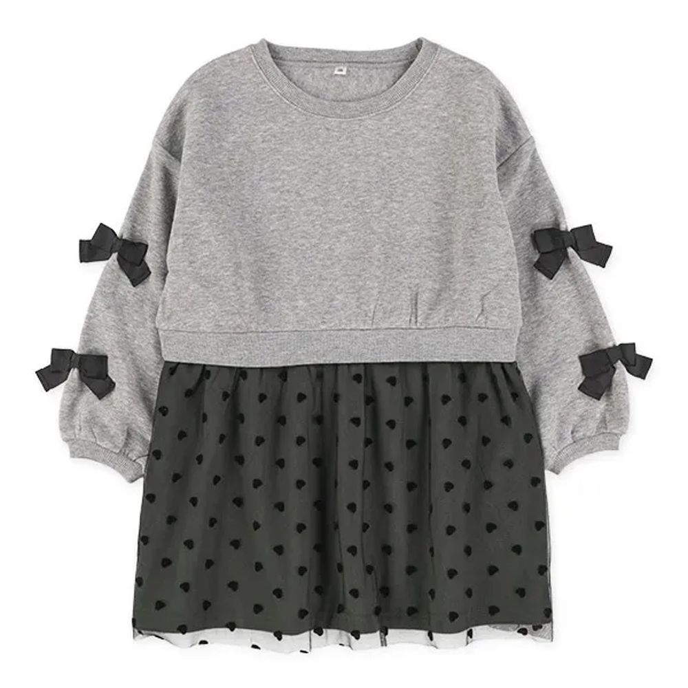 氣質蝴蝶結愛心拼接裏起毛長袖洋裝-灰黑
