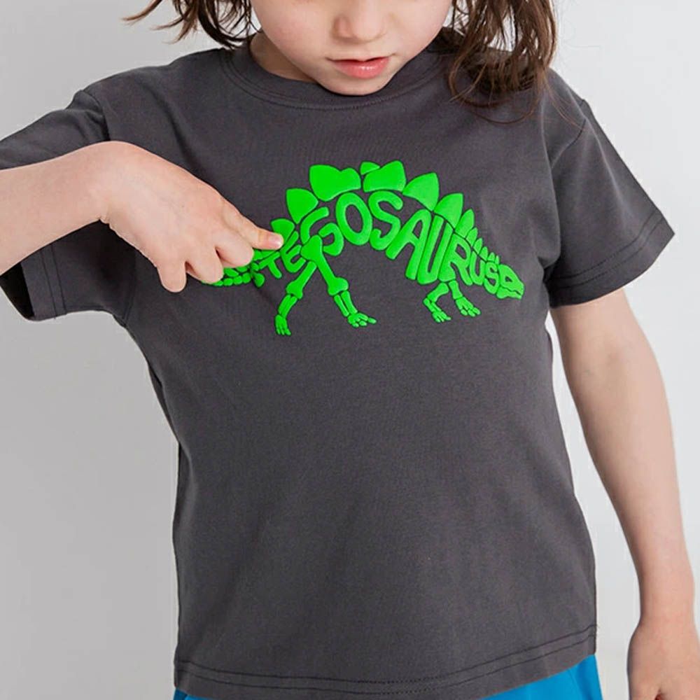 童趣印花短袖上衣-螢光恐龍-灰黑