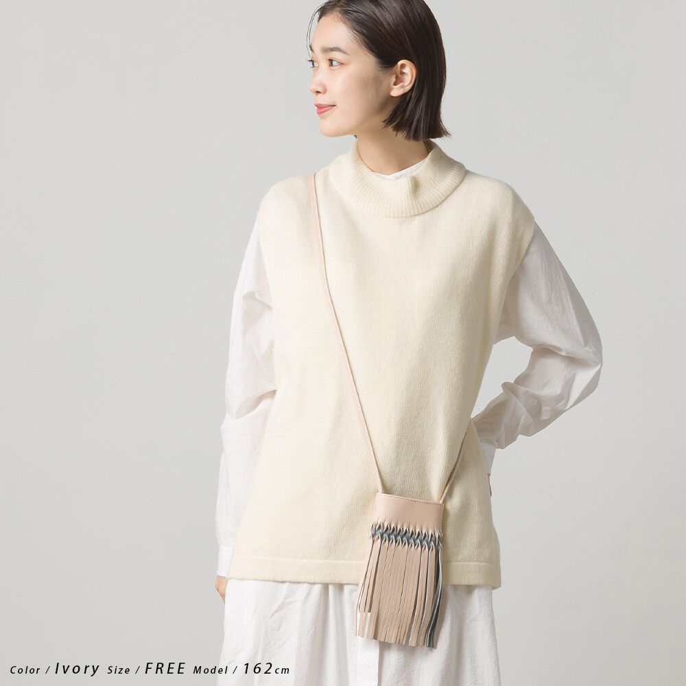 日本 OMNES - 50%羊毛 小立領側綁帶針織背心-紫