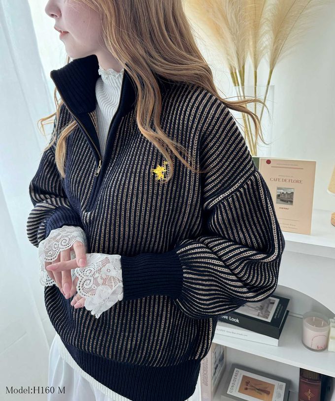 日本 Classical Elf - 半拉鍊線條感 logo刺繡配色針織衫-紅x藍