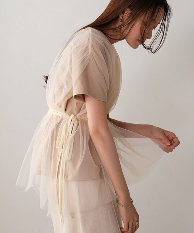 日本 Bab - 仙氣皺摺薄紗 腰綁帶短袖上衣-卡其