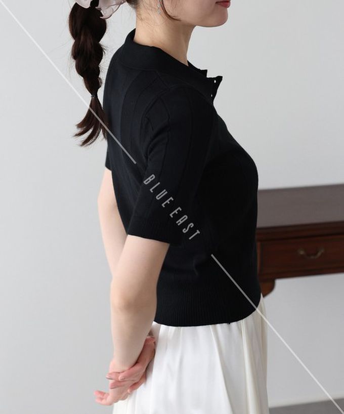 日本 BLUE EAST - 都會氣息寬羅紋針織短袖polo衫-煙燻藍