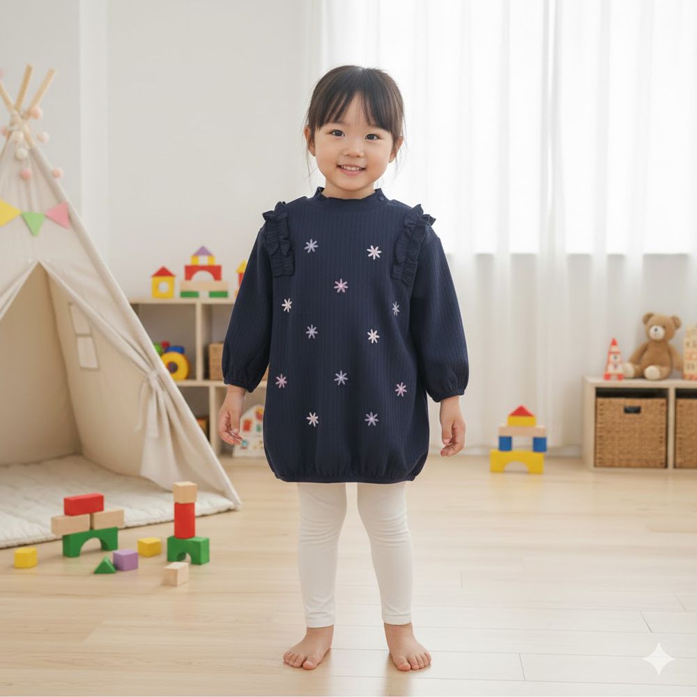 長袖洋裝-刺繡-深藍色